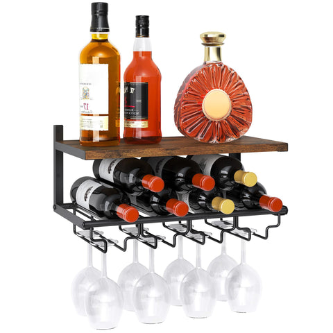Gewudraw estante vino pared dos niveles muestra botellas y copas, ahorra espacio.