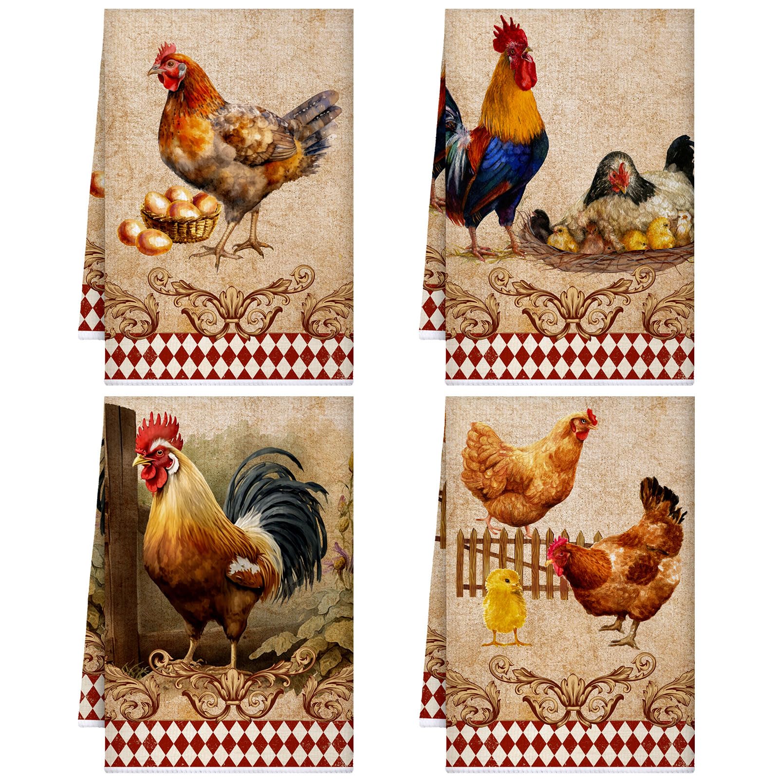 Geyoga cuatro toallas de cocina con motivo gallo, ideal para secar platos con estilo rústico.