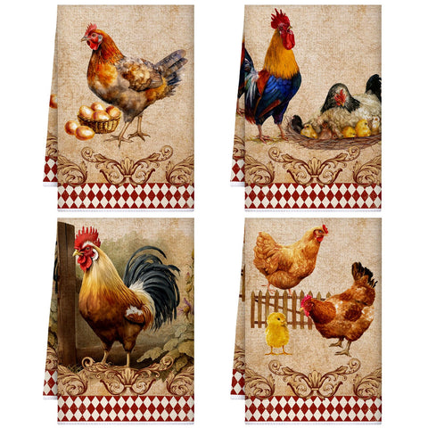 Geyoga cuatro toallas de cocina con motivo gallo, ideal para secar platos con estilo rústico.