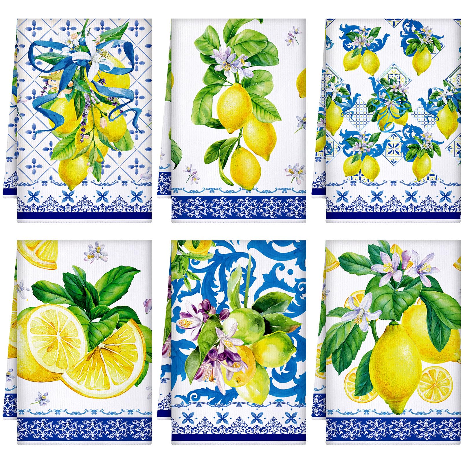 Geyoga toallas de cocina limón azul blanco, set de seis, absorbentes para secar y limpiar.