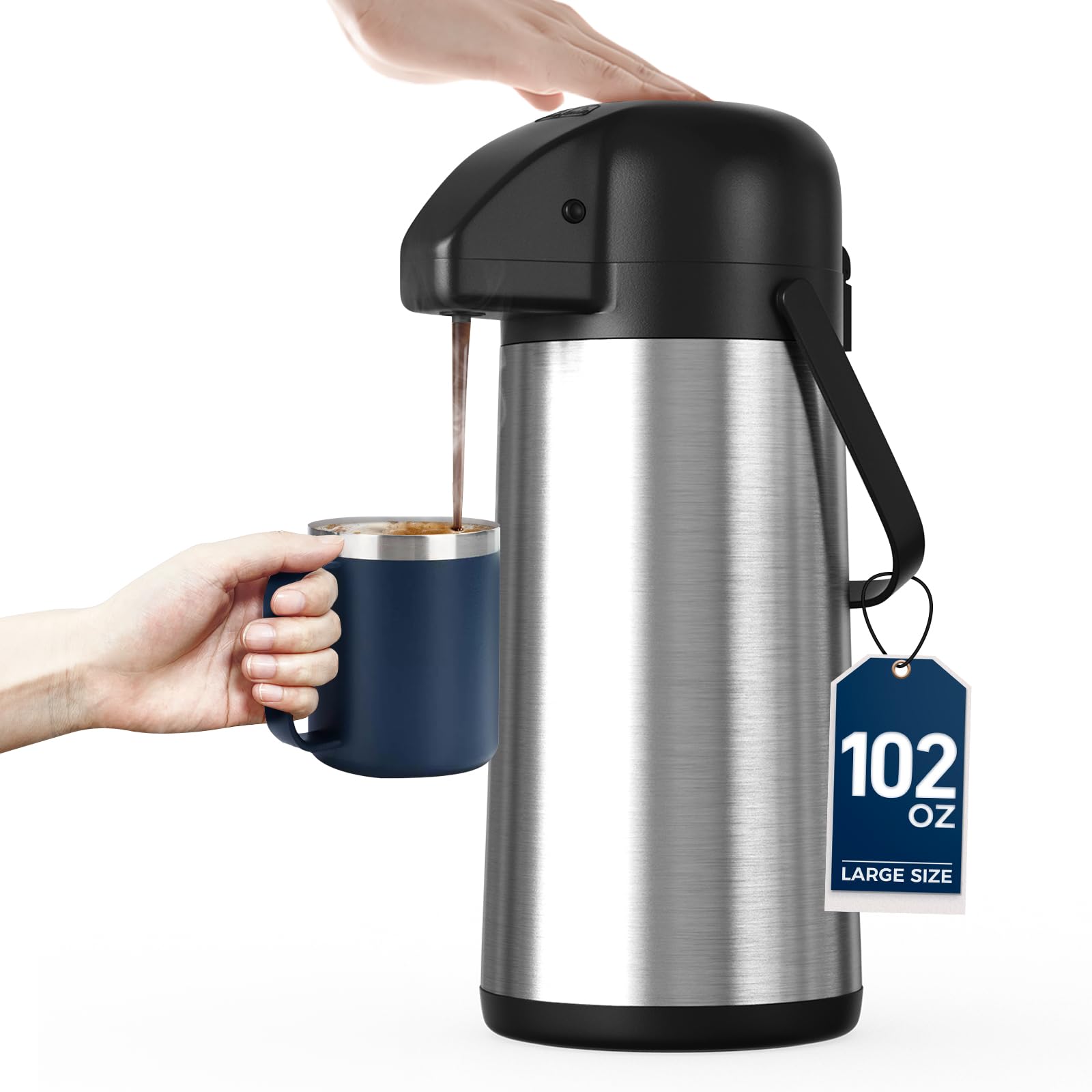 Gezoss airepot cafetera 102oz con bomba, permite dispensar bebidas calientes fácilmente.