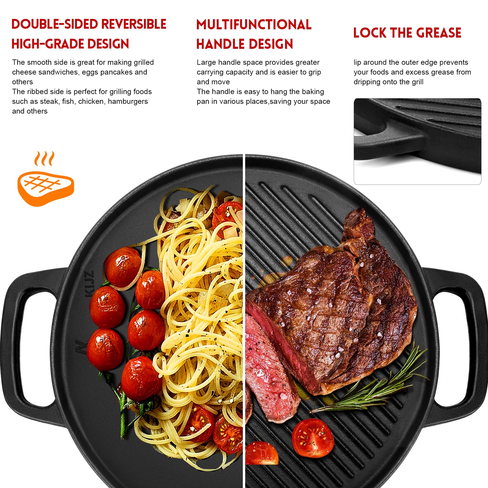 GGC plancha de hierro forjado reversible de 12 pulgadas, mango ergonómico para manejo cómodo.