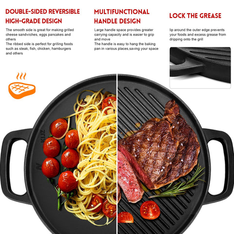 GGC plancha de hierro forjado reversible de 12 pulgadas, mango ergonómico para manejo cómodo.