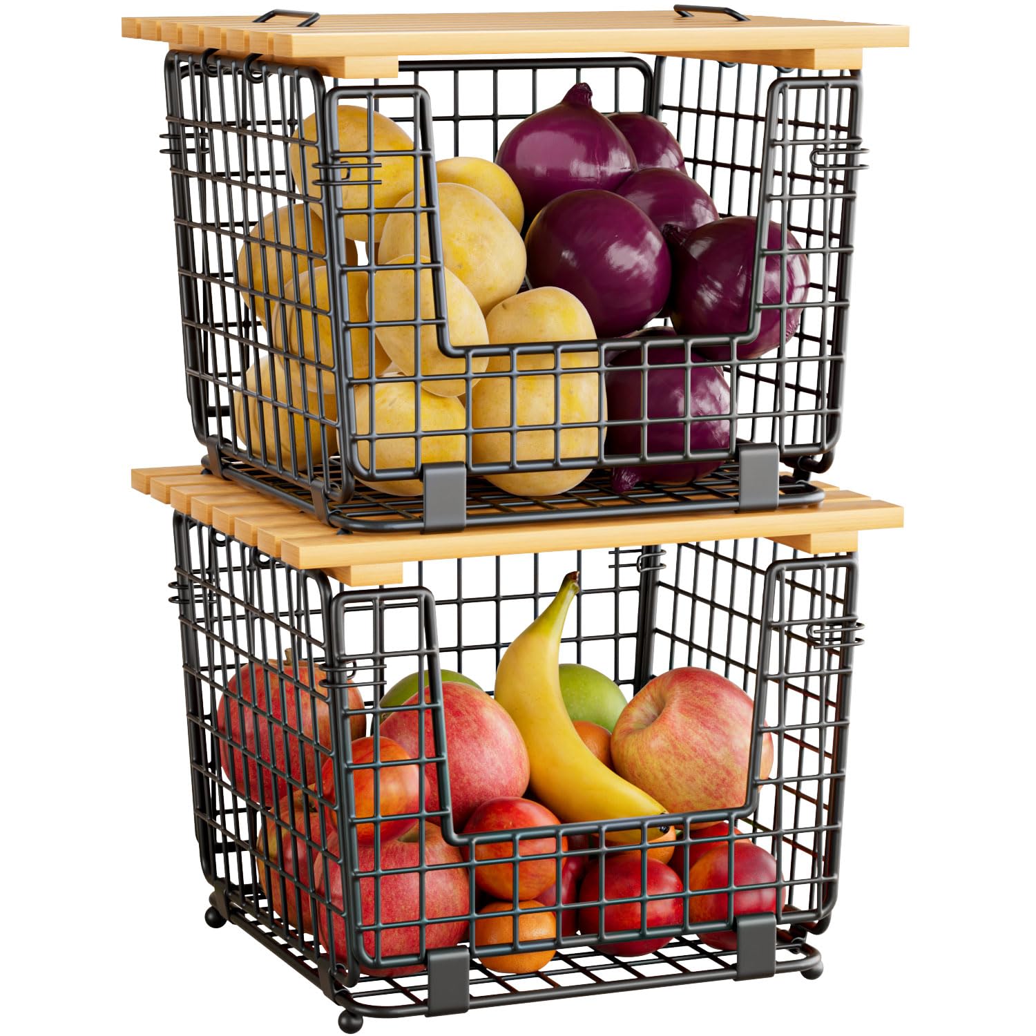 Cesta de alambre GGIU apilable con tapa de madera para ordenar la encimera.