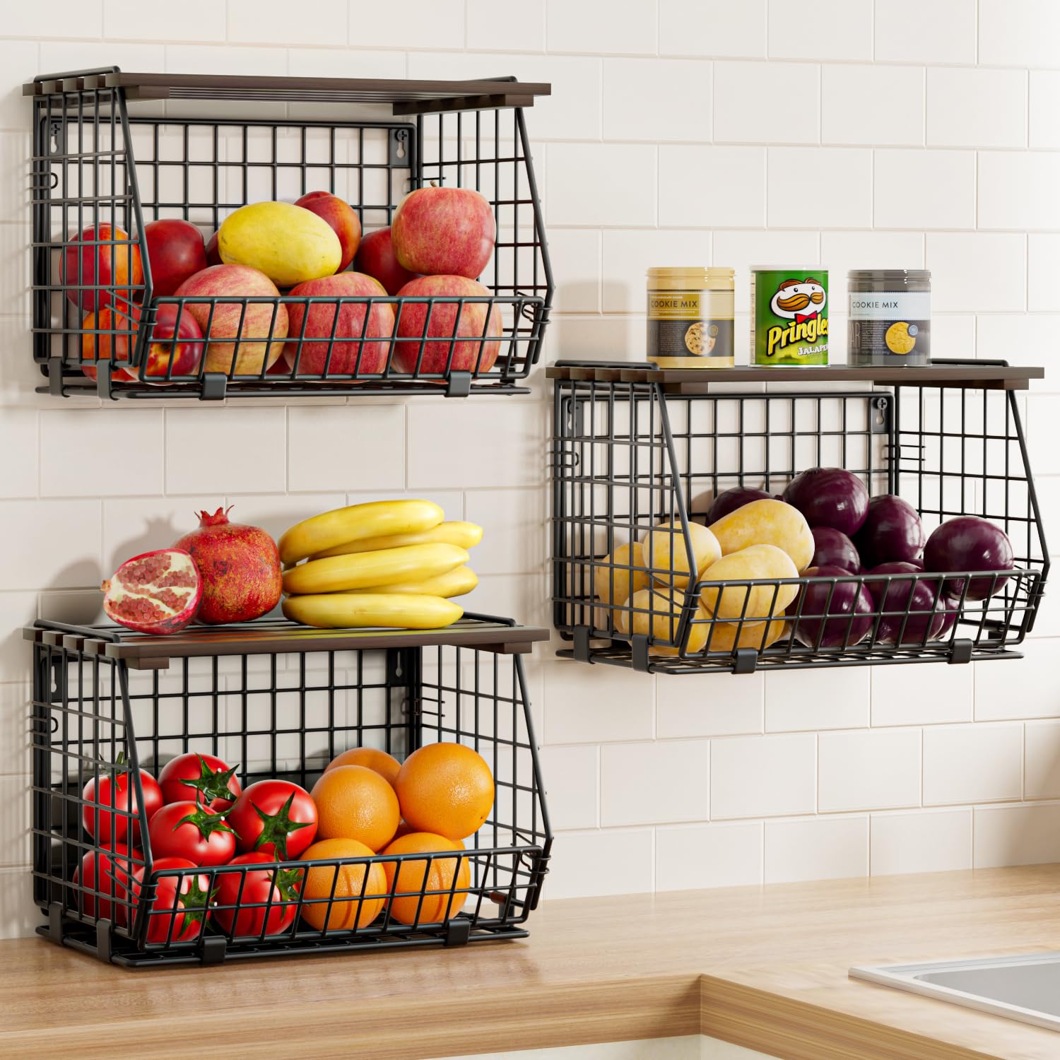 GGIU cesta de alambre para cocina montada en pared, ahorro de espacio.