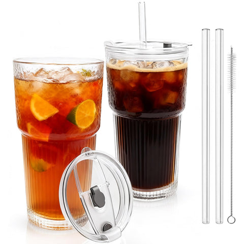 GGOLDMER vaso cristal 20 oz con tapa y pajilla para café helado elegante.