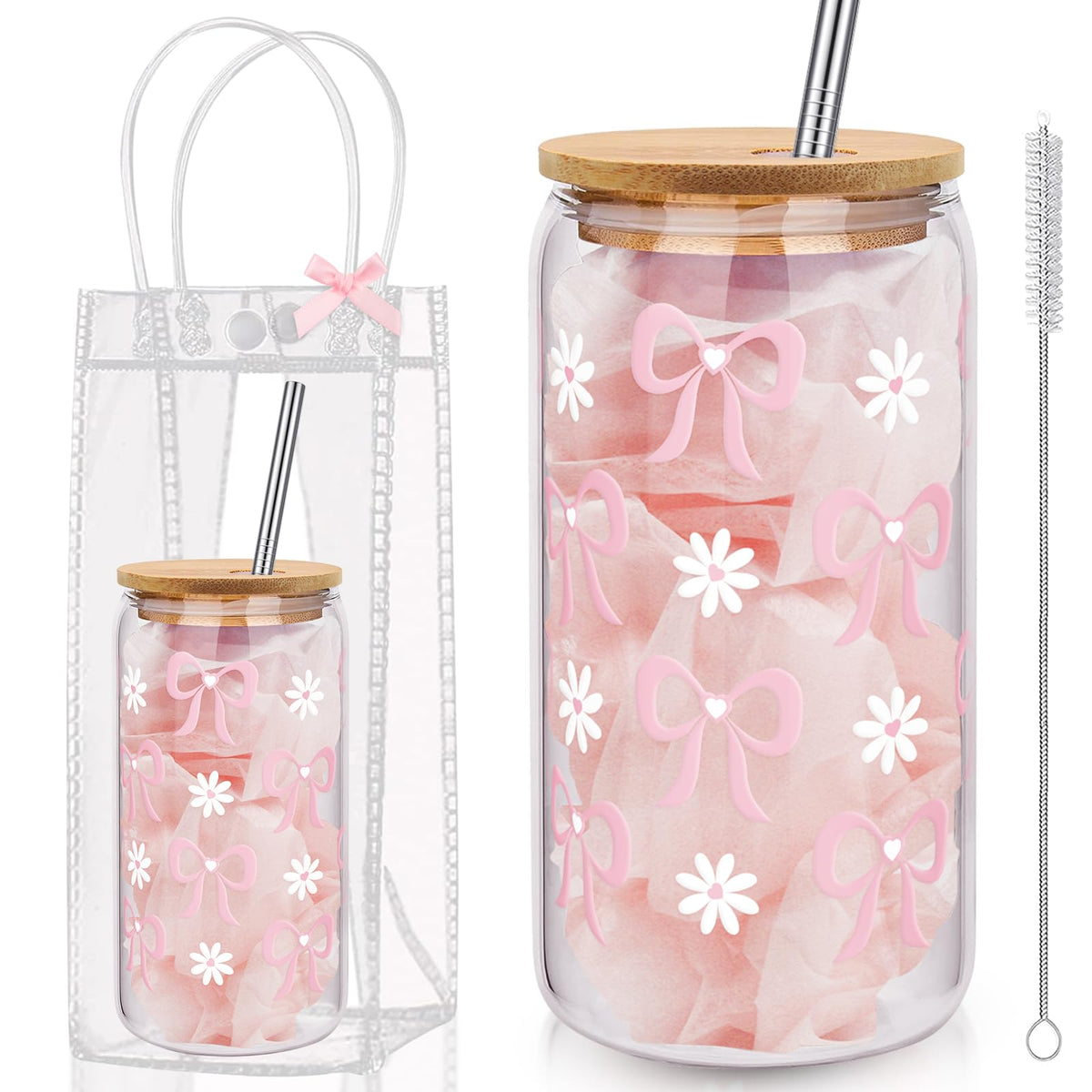 Vaso de vidrio Giesiery Coquette de 16 oz con lazo rosa para bebidas frías.