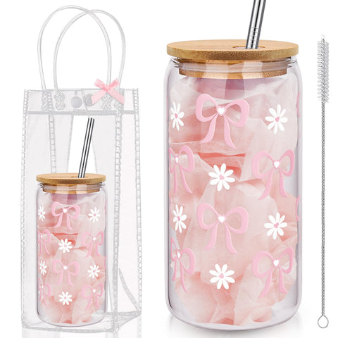 Vaso de vidrio Giesiery Coquette de 16 oz con lazo rosa para bebidas frías.