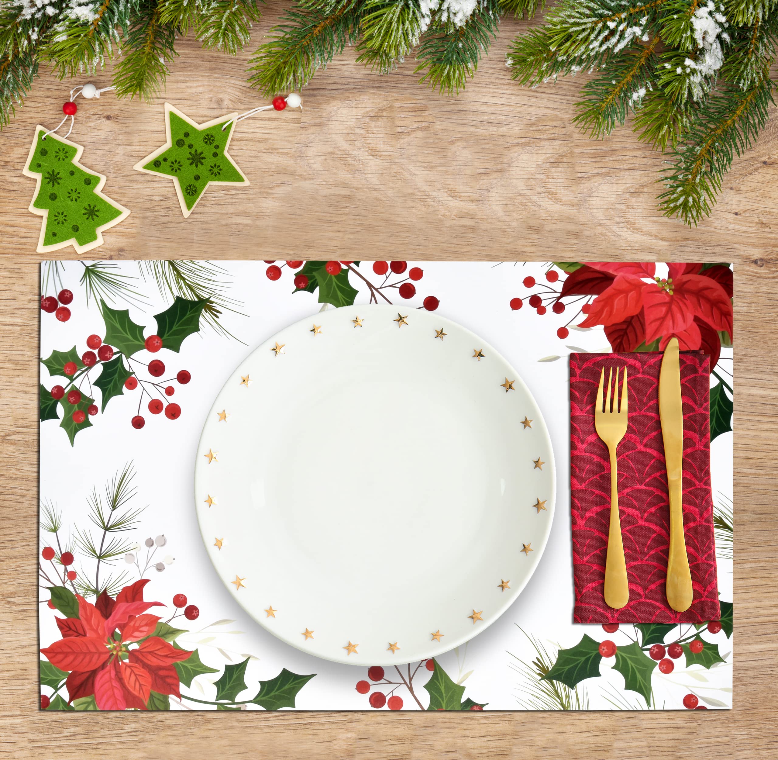 Gift Boutique diseño poinsettia añade elegancia festiva a la mesa.