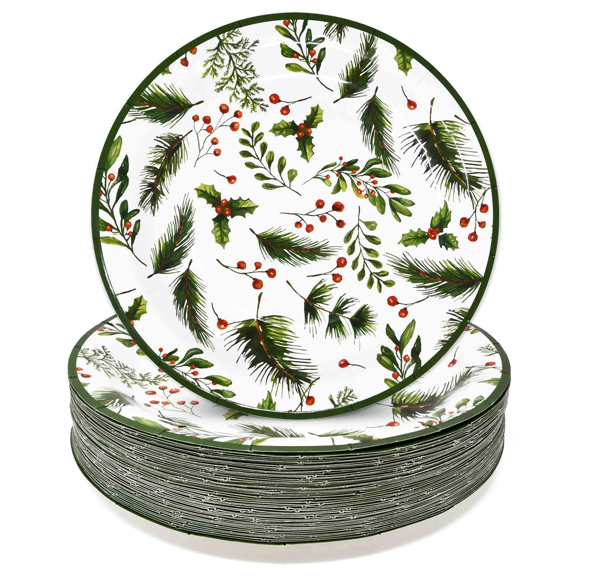 Gift Boutique plato navidad verde con bayas rojas y pino, ideal para buffet festivo.