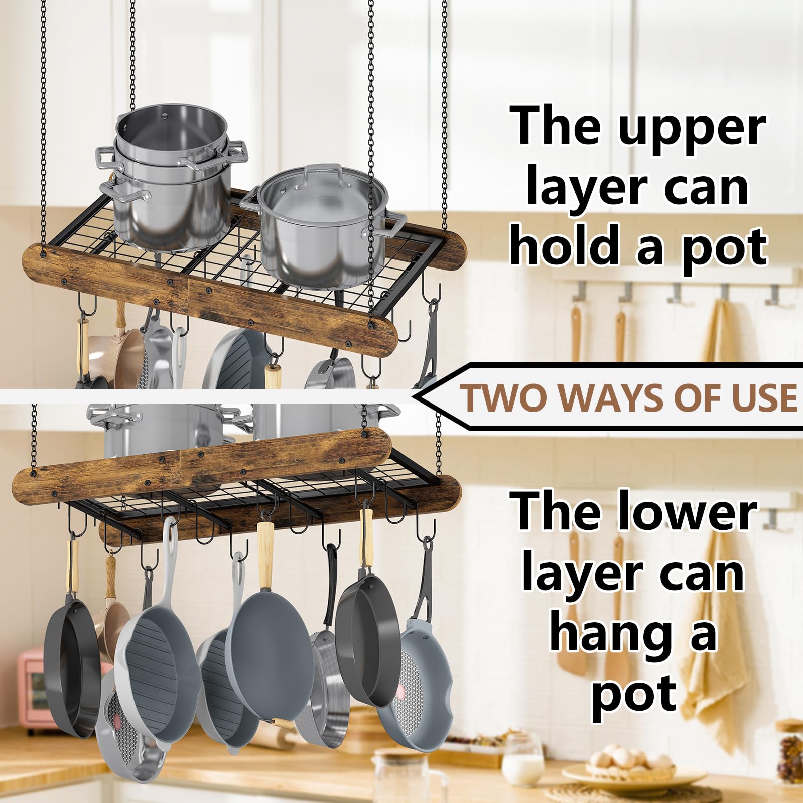 GILLAS ollas y sartenes colgadas de forma ordenada para cocina limpia