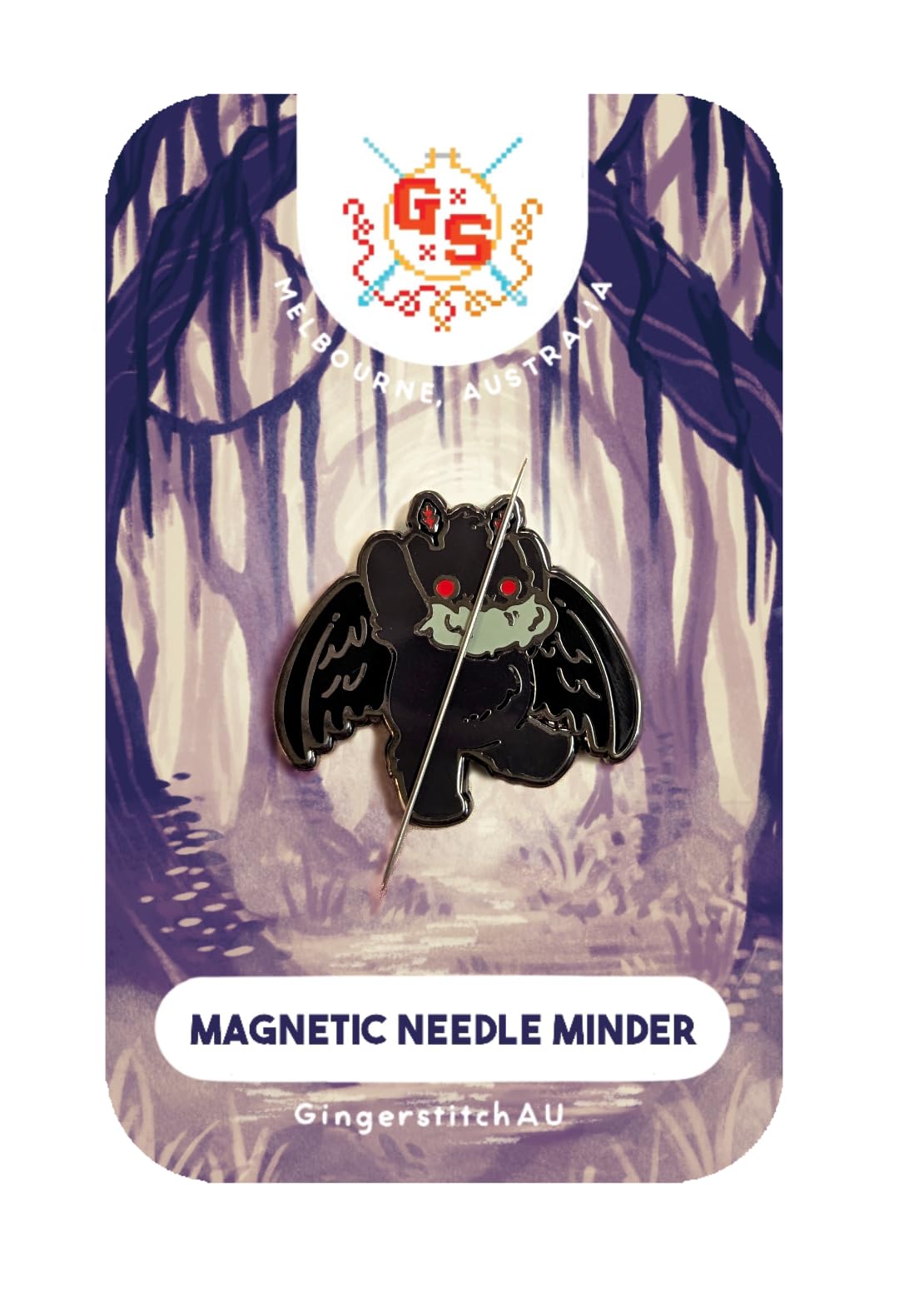 GingerStitchAU Mothman imán de aguja, vista frontal, para evitar pérdidas mientras trabajas.