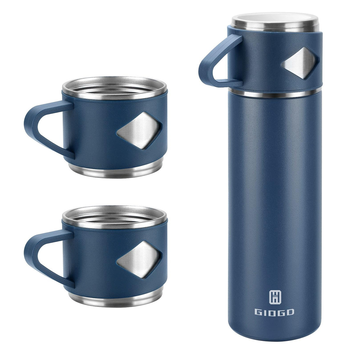 Botella termo GIOGD 700ml azul con tapa, ideal para mantener café caliente.