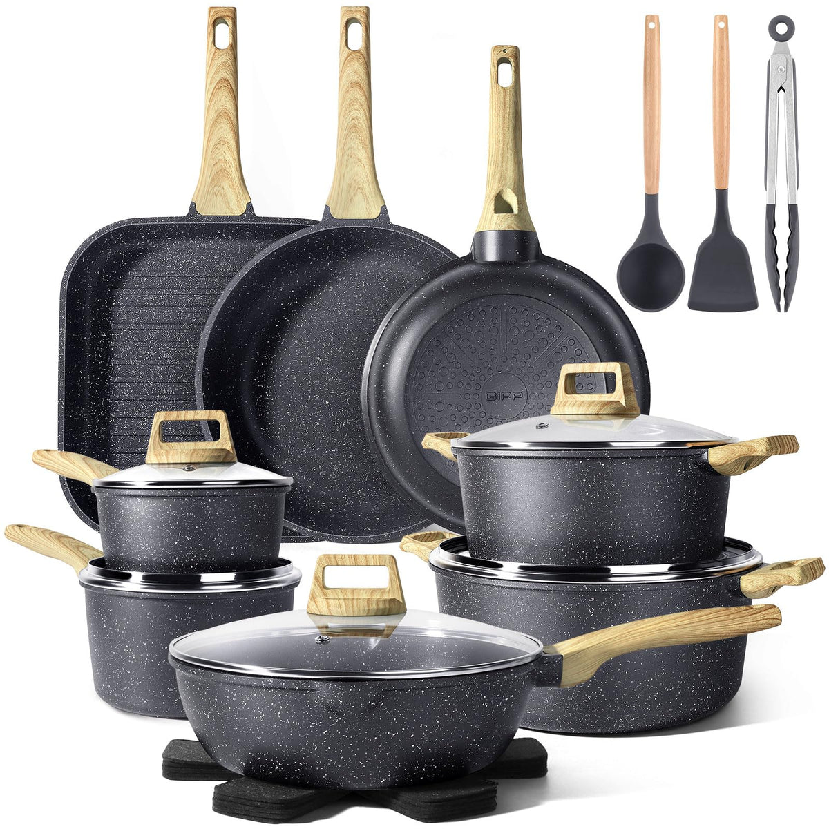 GiPP juego de 21 piezas ollas y sartenes antiadherentes en gris para cocina más limpia
