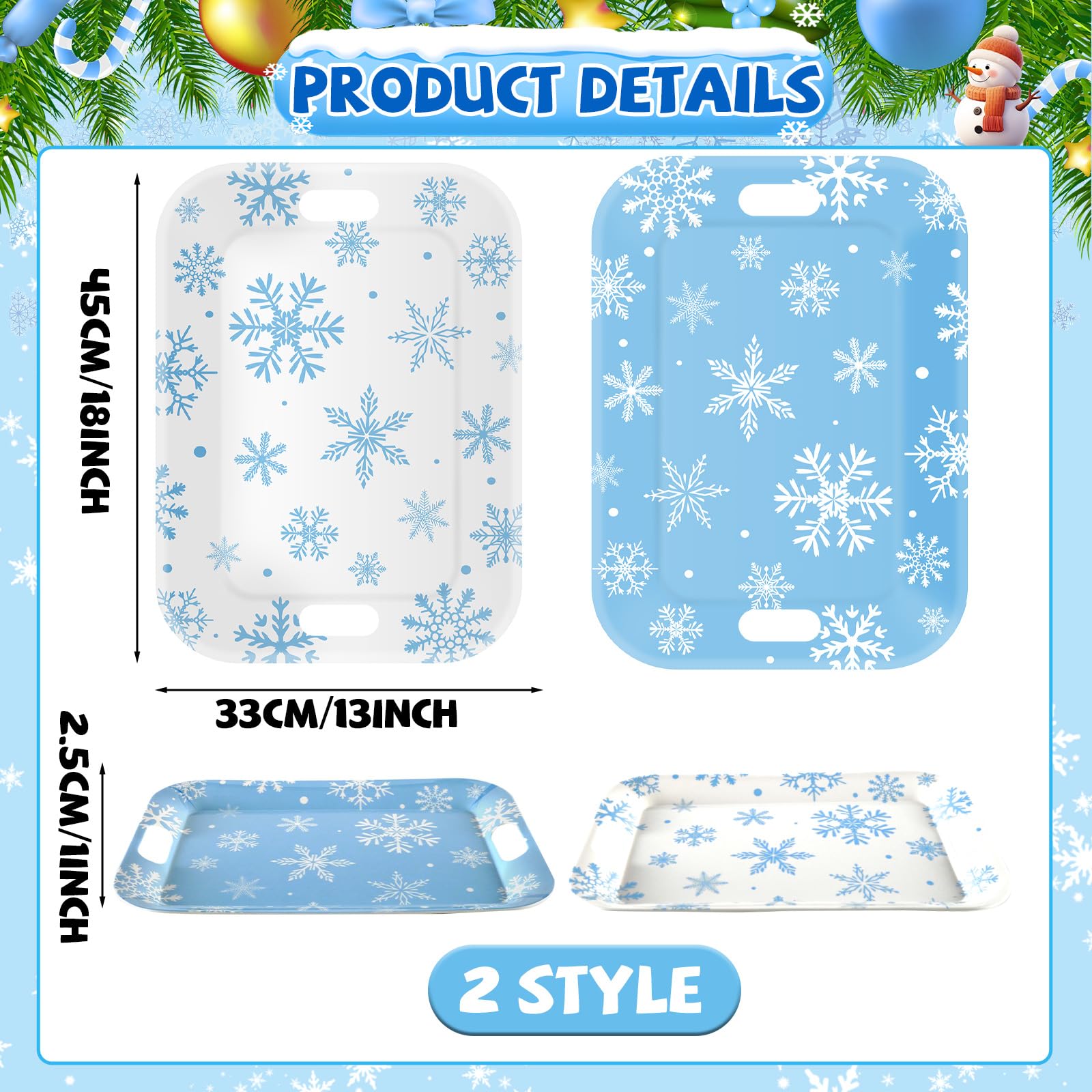 Bandejas gisgfim copos de nieve azul y blanco para mesa festiva.