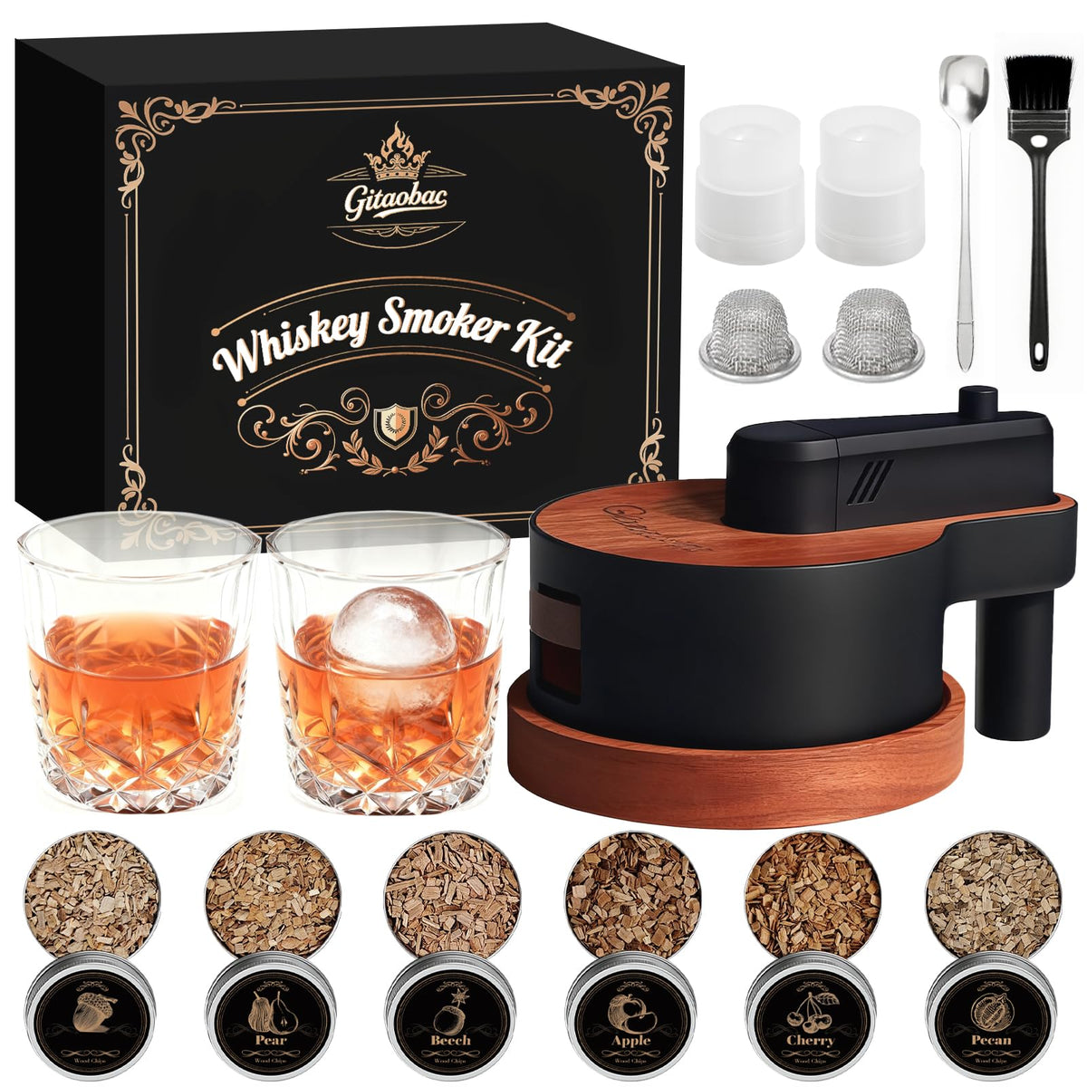 Gitaobac Whiskey Smoker con encendido integrado para una experiencia aromática de bebidas.