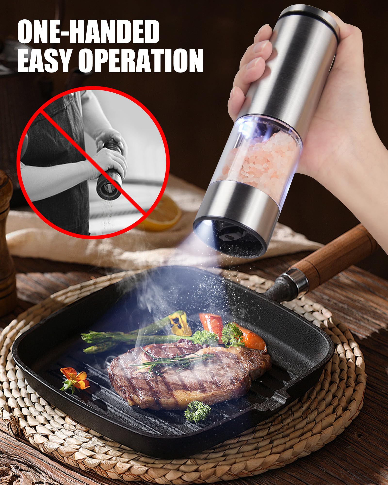 GiveBest molinillo eléctrico con luz al moler, ideal para espolvorear con precisión.