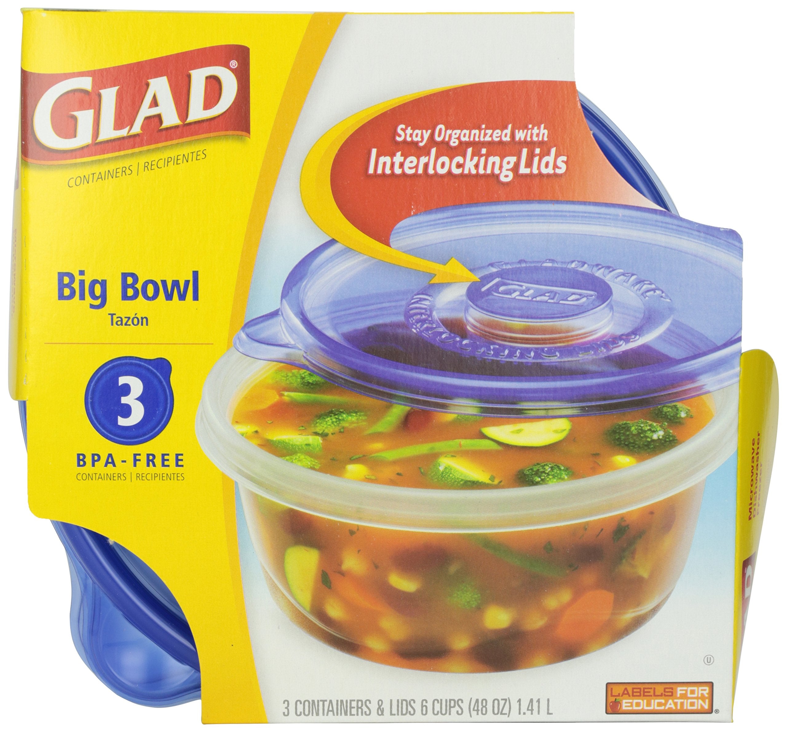 Glad Ware contenedores 48 oz para alimentos, fáciles de limpiar y apilar.