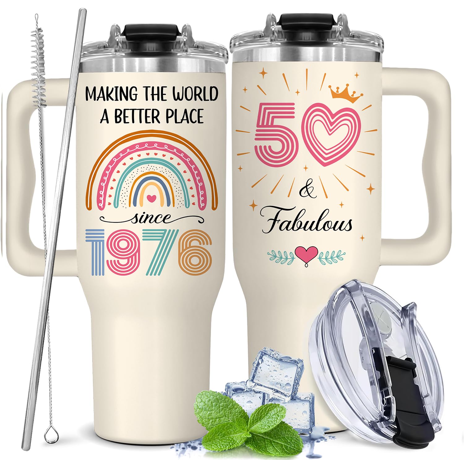 GLAKEUN Vaso 40onzas con diseño vibrante para celebrar un cincuenta cumpleaños de una mujer.
