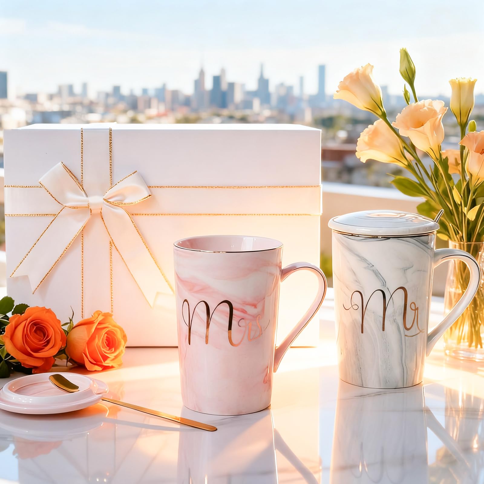 GlamGeimzy Sr. y Sra. tazas cafe 14oz marmol gris rosa, ideal para empezar la mañana