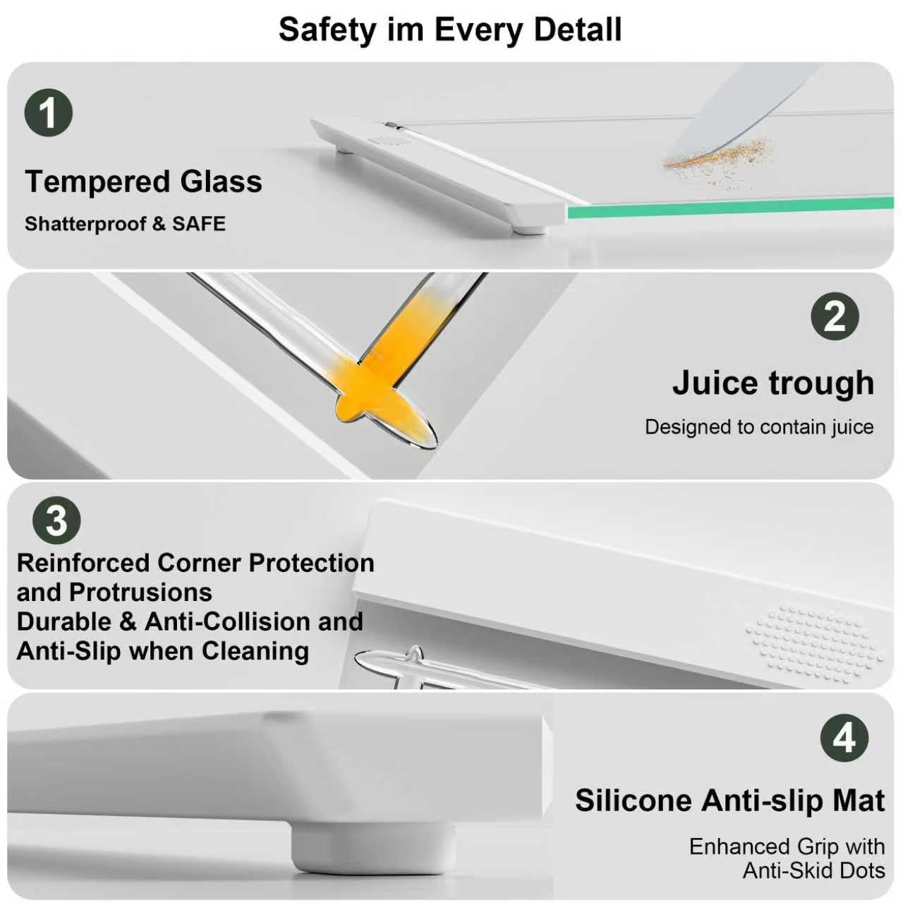 GlassCuisine canaletas para jugos evitan derrames en la encimera.