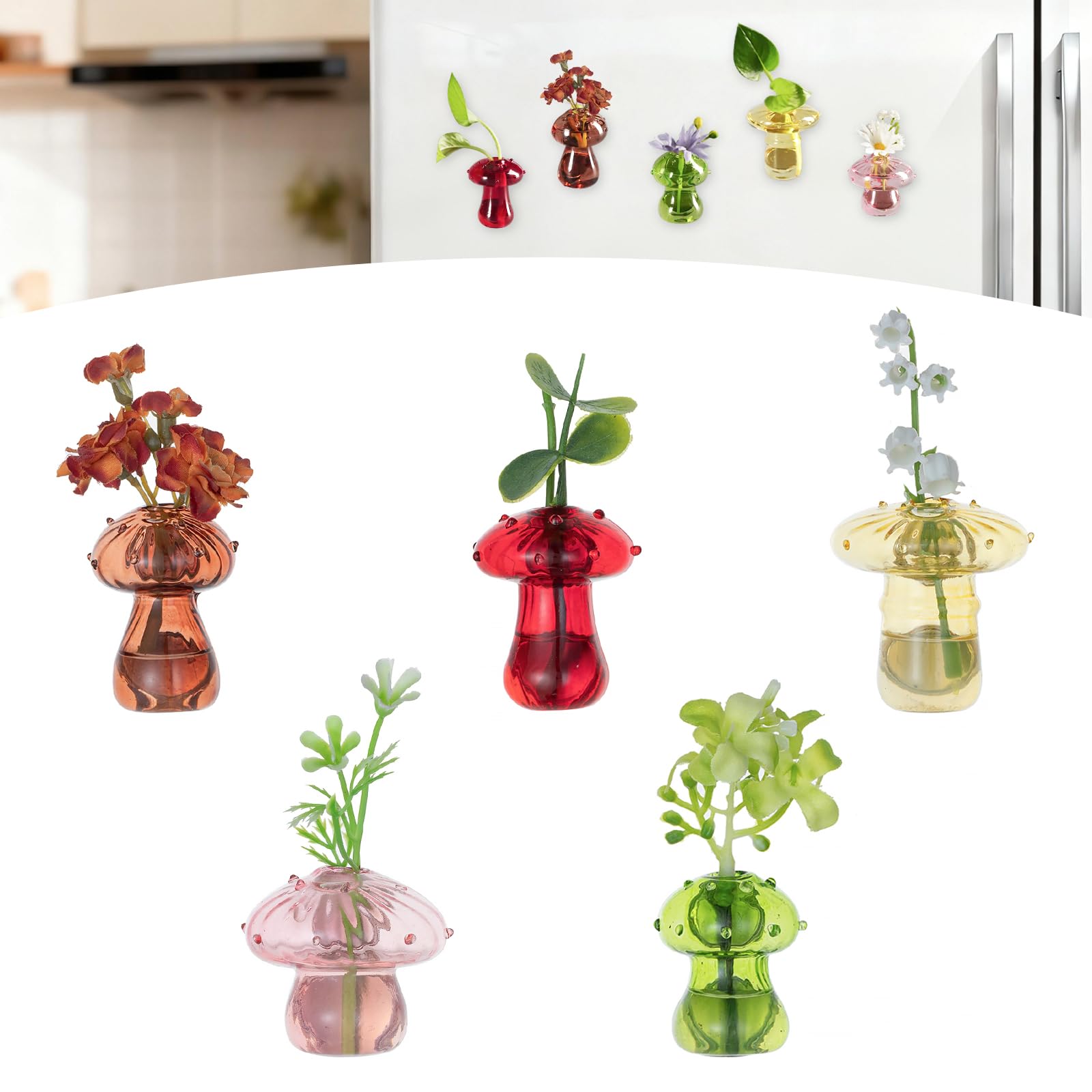 Glasseam imanes mini jarrón hongo para nevera con flores frescas.