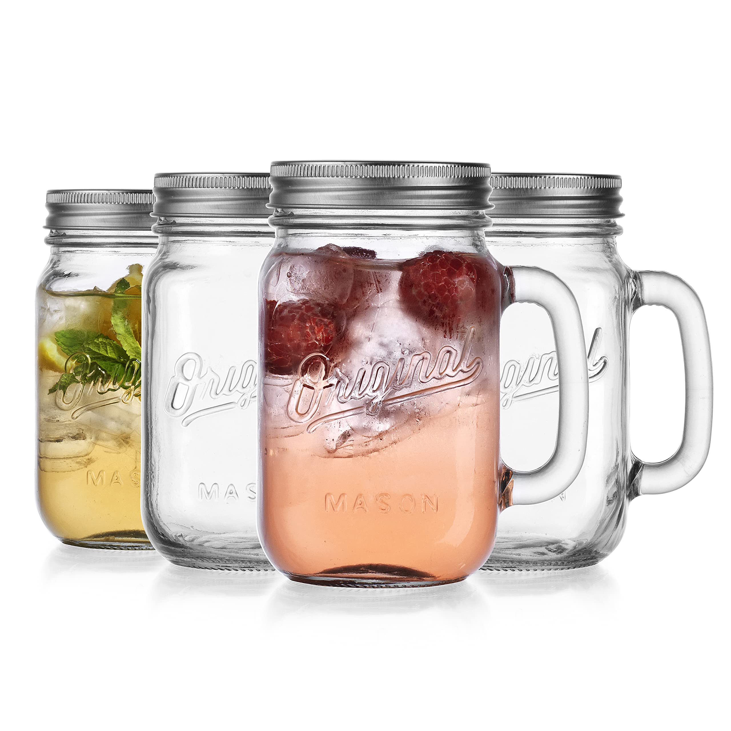 Glaver's Mason Jar 16oz con asa y tapa metálica, perfecto para cócteles y bebidas refrescantes.