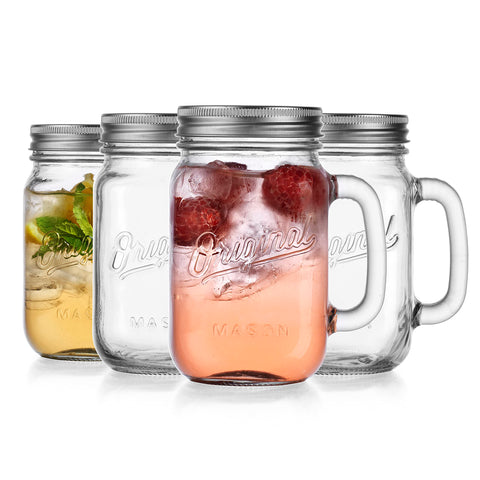 Glaver's Mason Jar 16oz con asa y tapa metálica, perfecto para cócteles y bebidas refrescantes.