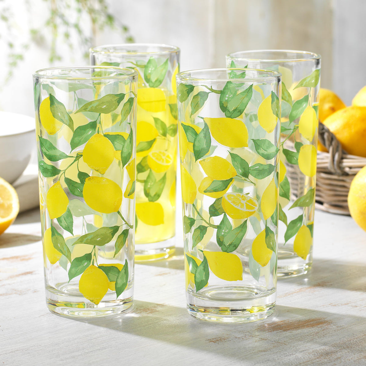 Vaso Glaver's con estampado de limón, perfecto para bebidas refrescantes.