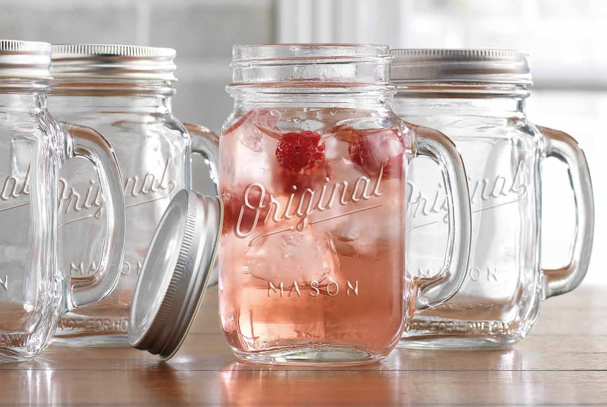 Glaver's Mason Jar 16oz con asa y tapa, ideal para bebidas frías y presentación elegante.