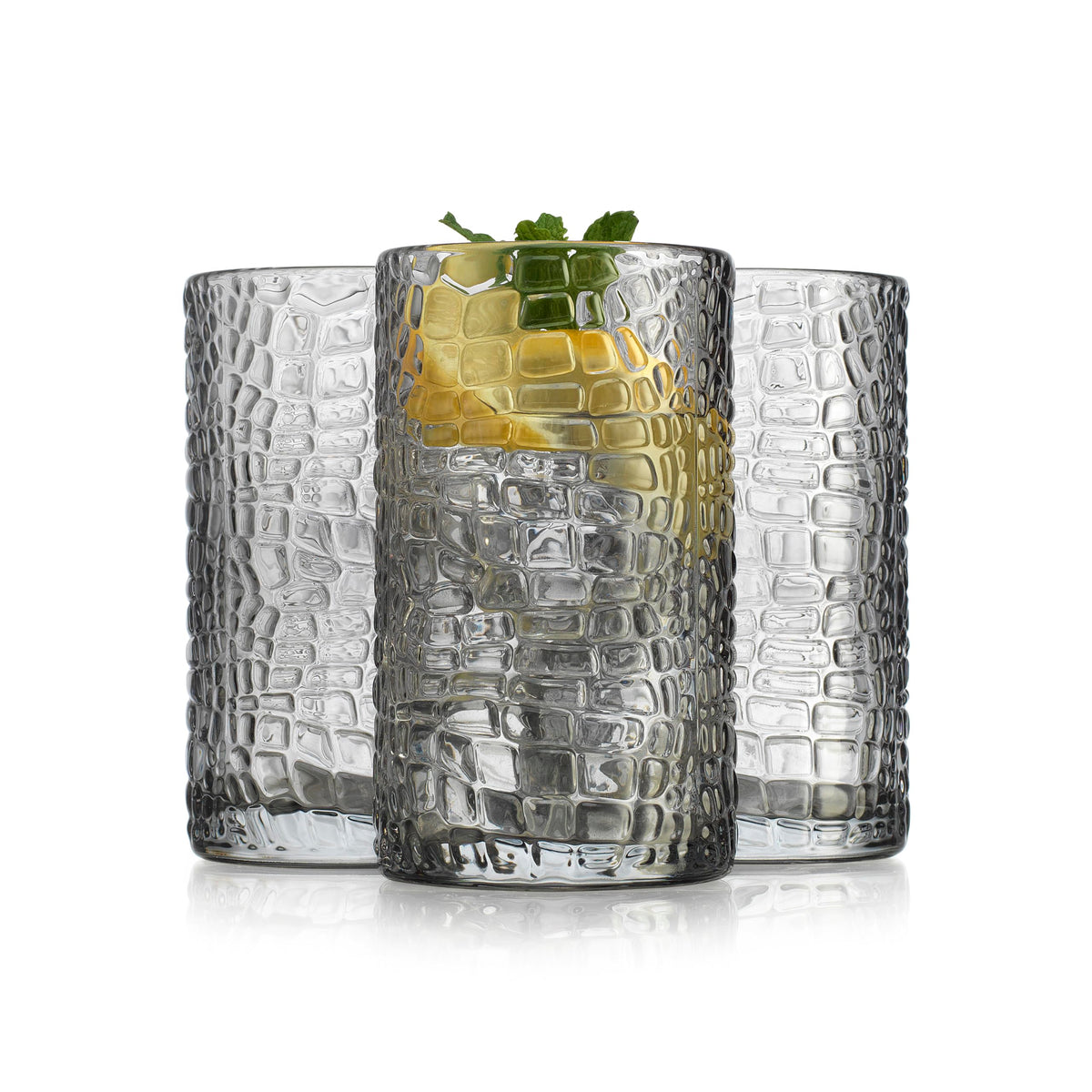 Glaver's vasos altos humo con textura crackle, elegante para cócteles y refrescos.