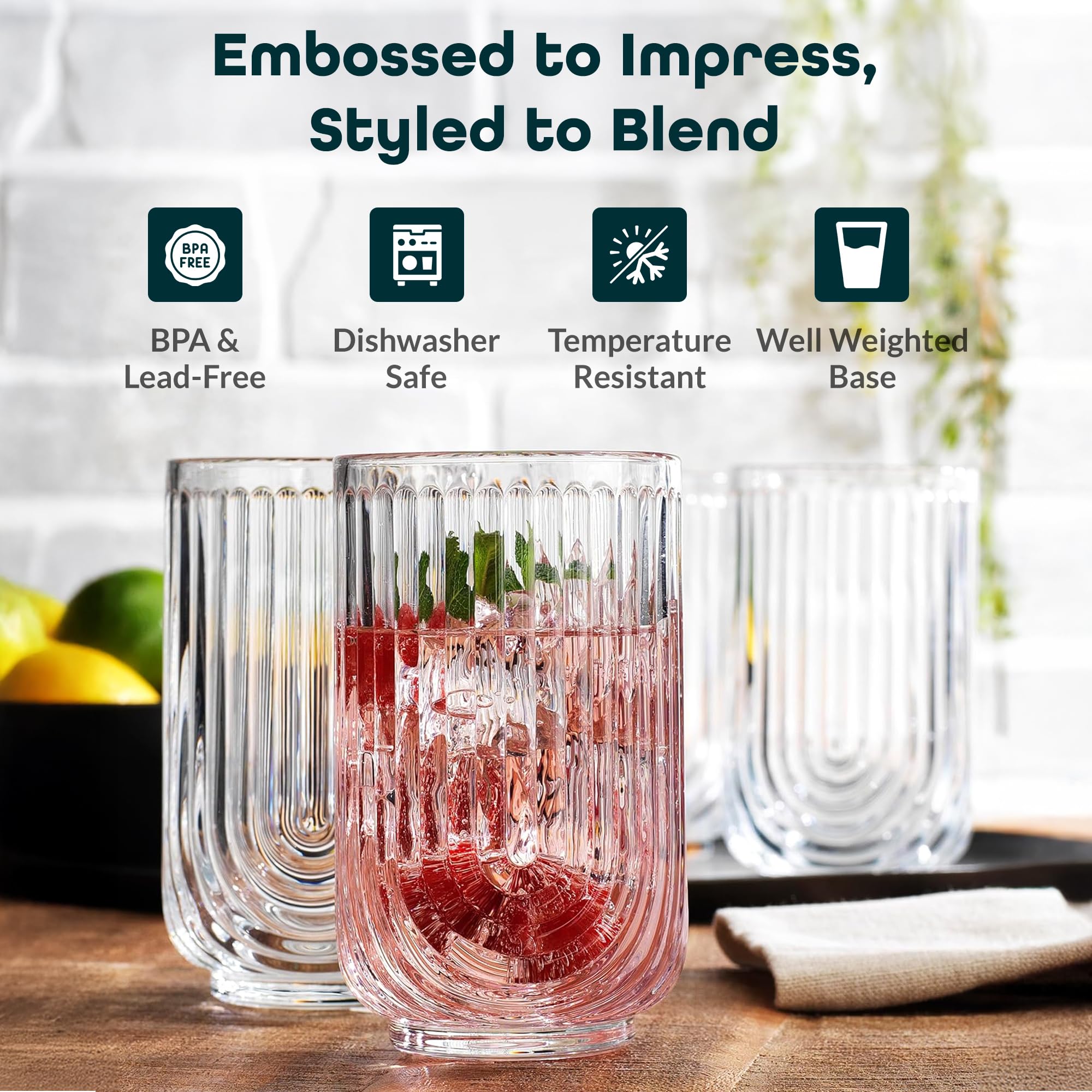 Glaver's vaso alto con textura geométrica y arco, elegante para bebidas diarias.