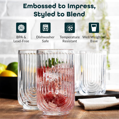 Glaver's vaso alto con textura geométrica y arco, elegante para bebidas diarias.