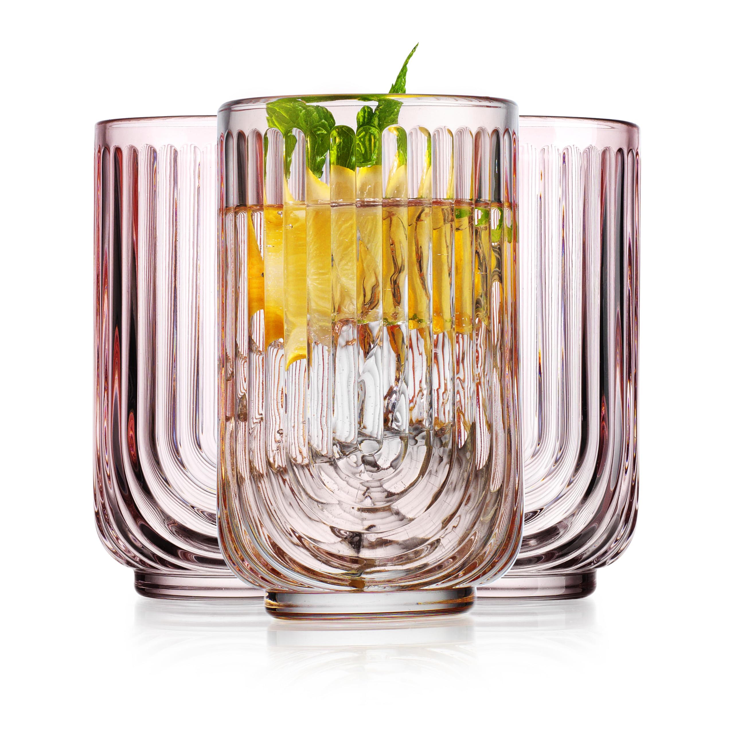 Vasos Glaver's rosa con arco estriado, ideales para cócteles y bebidas refrescantes.