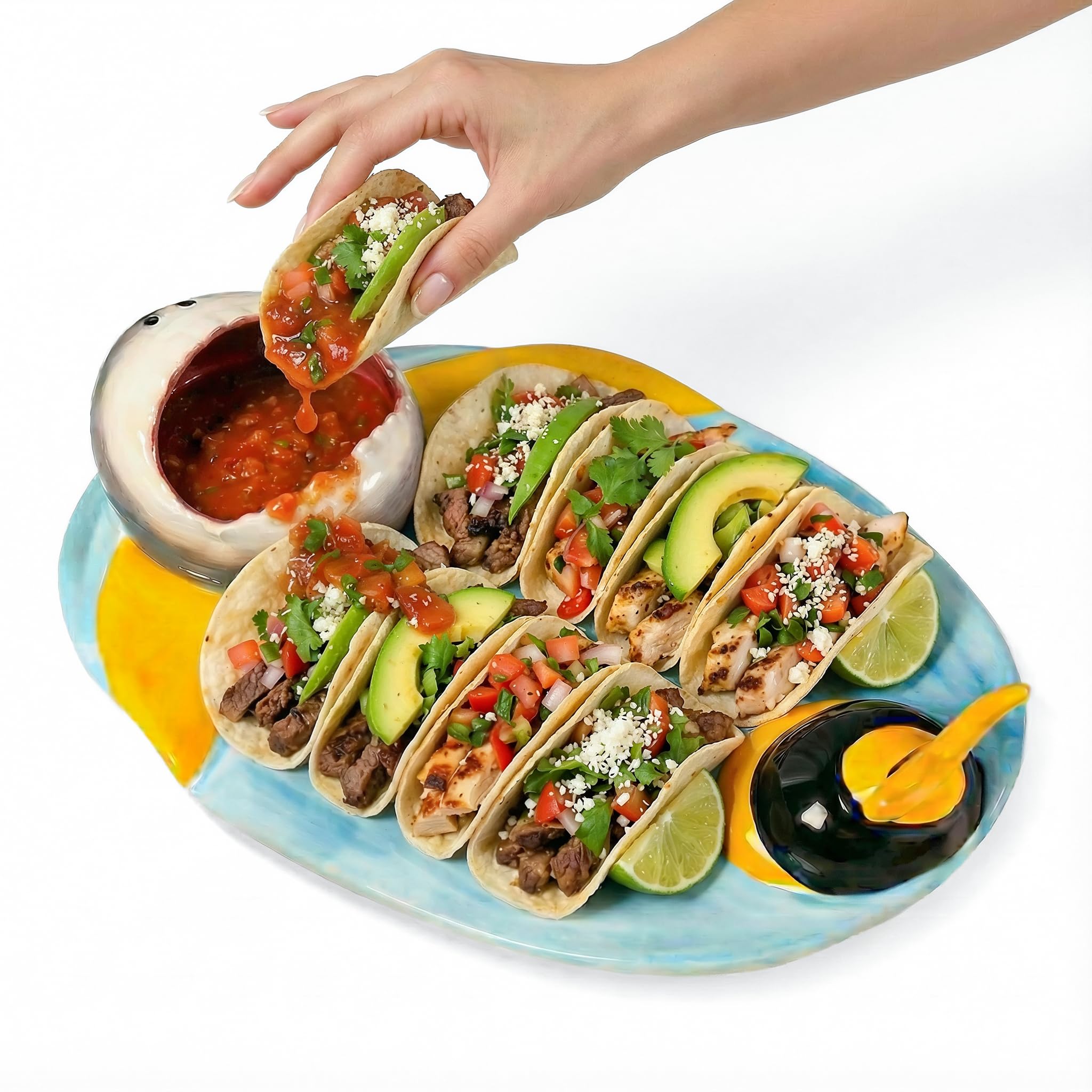 Plato abeja-tiburón de Glazery para soporte de tacos, diseño lúdico y práctico.