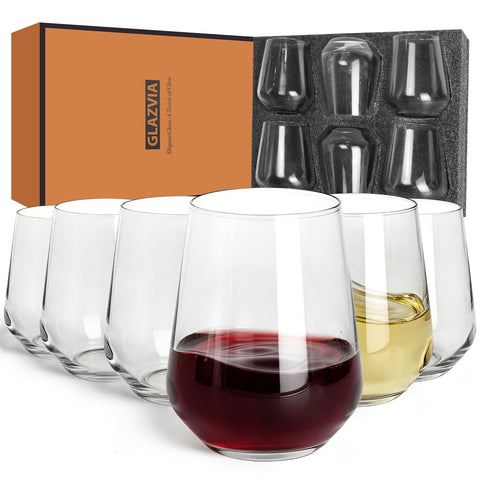 Vaso de vino sin tallo Glazvia, 15 onzas, ideal para cenas y brindis.