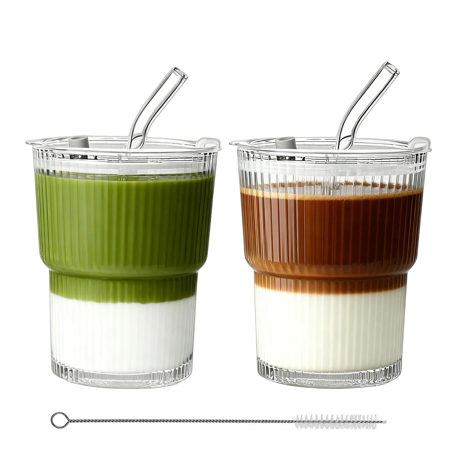 Glenkach copa de vidrio acanalada con tapa y pajitas, tapa reutilizable para bebidas al aire libre.