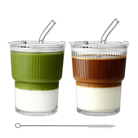 Glenkach copa de vidrio acanalada con tapa y pajitas, tapa reutilizable para bebidas al aire libre.