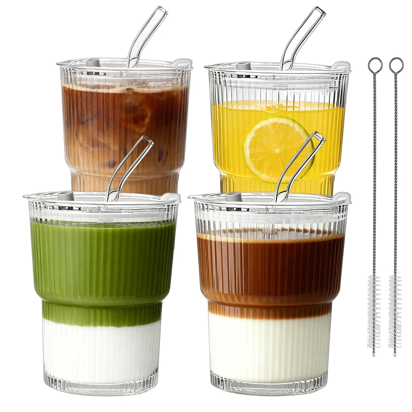 Glenkach vaso vidrio estriado con tapa y pajillas para enfriar bebidas en casa.
