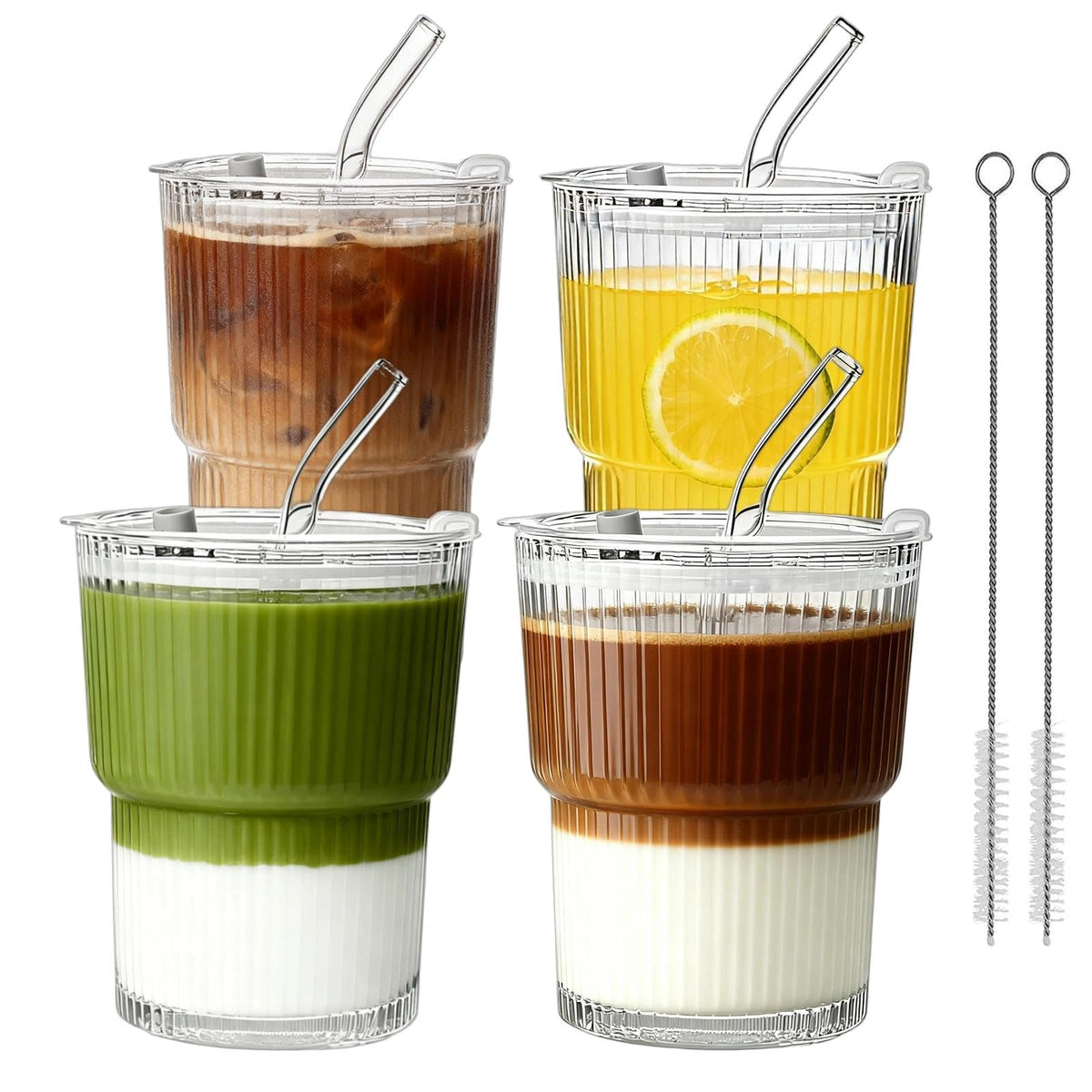 Glenkach vaso vidrio estriado con tapa y pajillas para enfriar bebidas en casa.