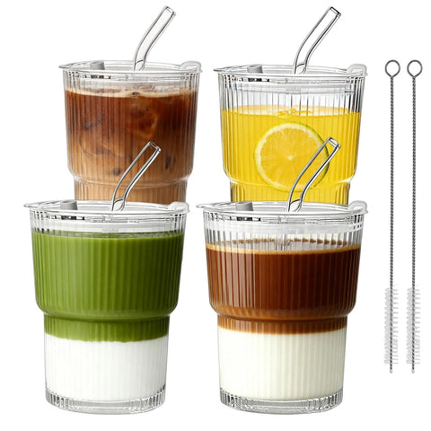 Glenkach vaso vidrio estriado con tapa y pajillas para enfriar bebidas en casa.