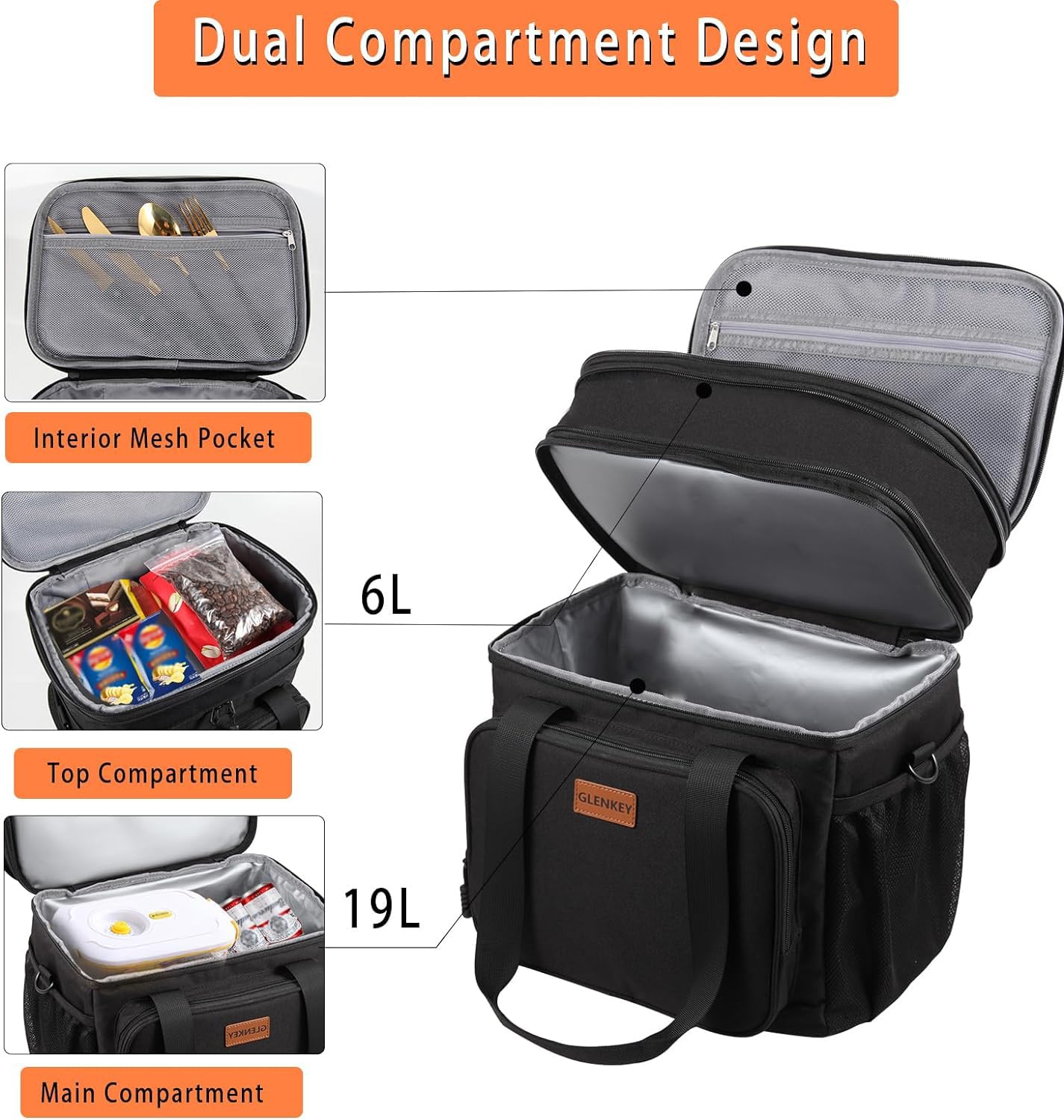 Glenkey lonchera expandible 22L negra, interior con compartimentos para separar comidas.
