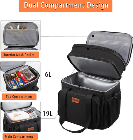 Glenkey lonchera expandible 22L negra, interior con compartimentos para separar comidas.
