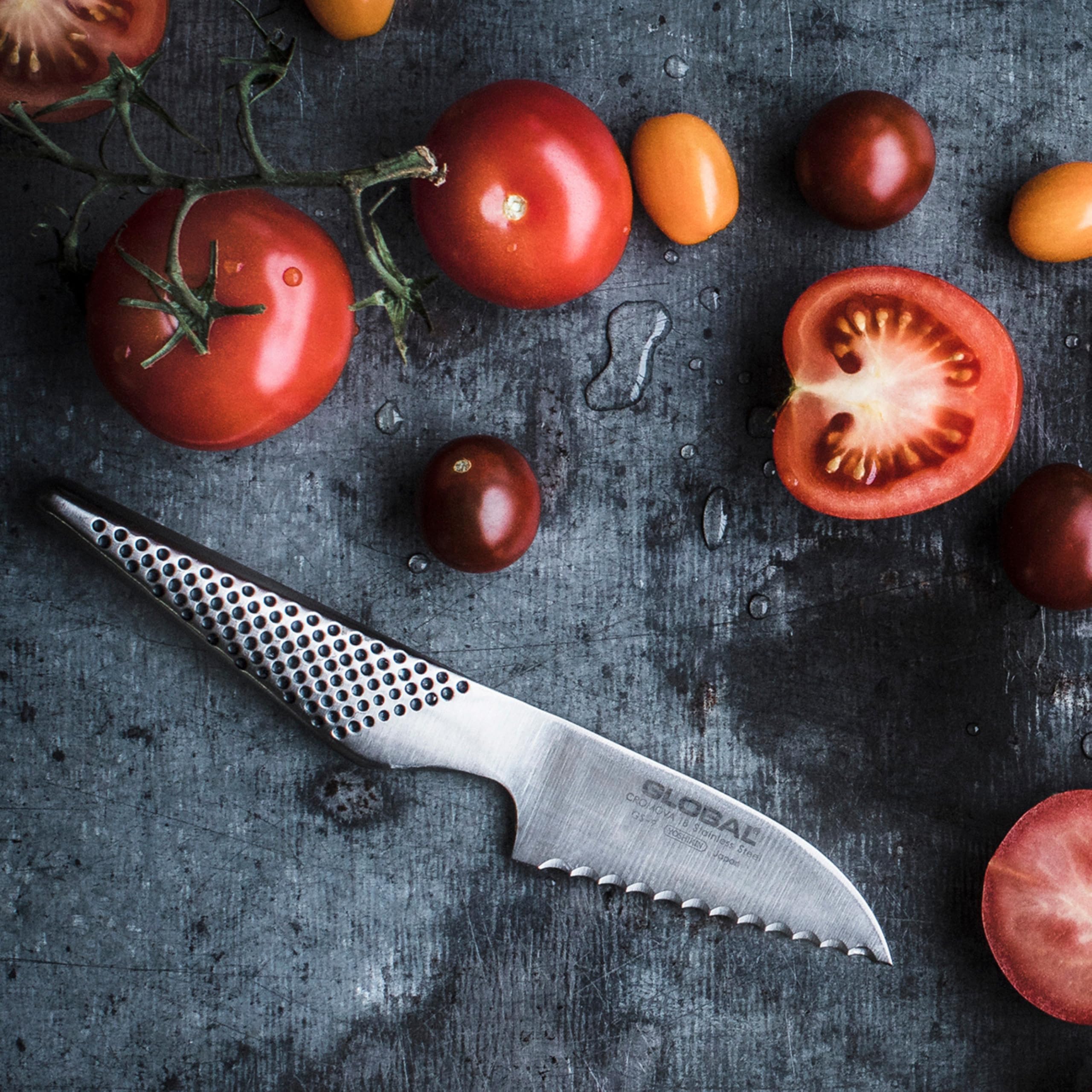 Global cuchillo tomate, filo afilado con acero inoxidable japonés duradero.