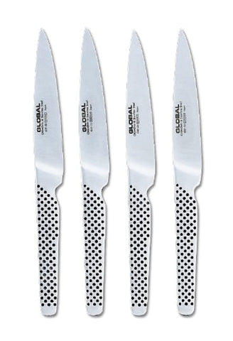Global GSF-4023, cuchillos para filetear alineados en mesa, filo suave para cortes precisos.