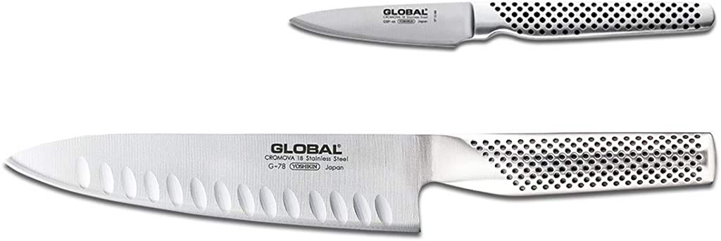 Global juego dos cuchillos de cocina japoneses, filo afilado para cortes precisos.