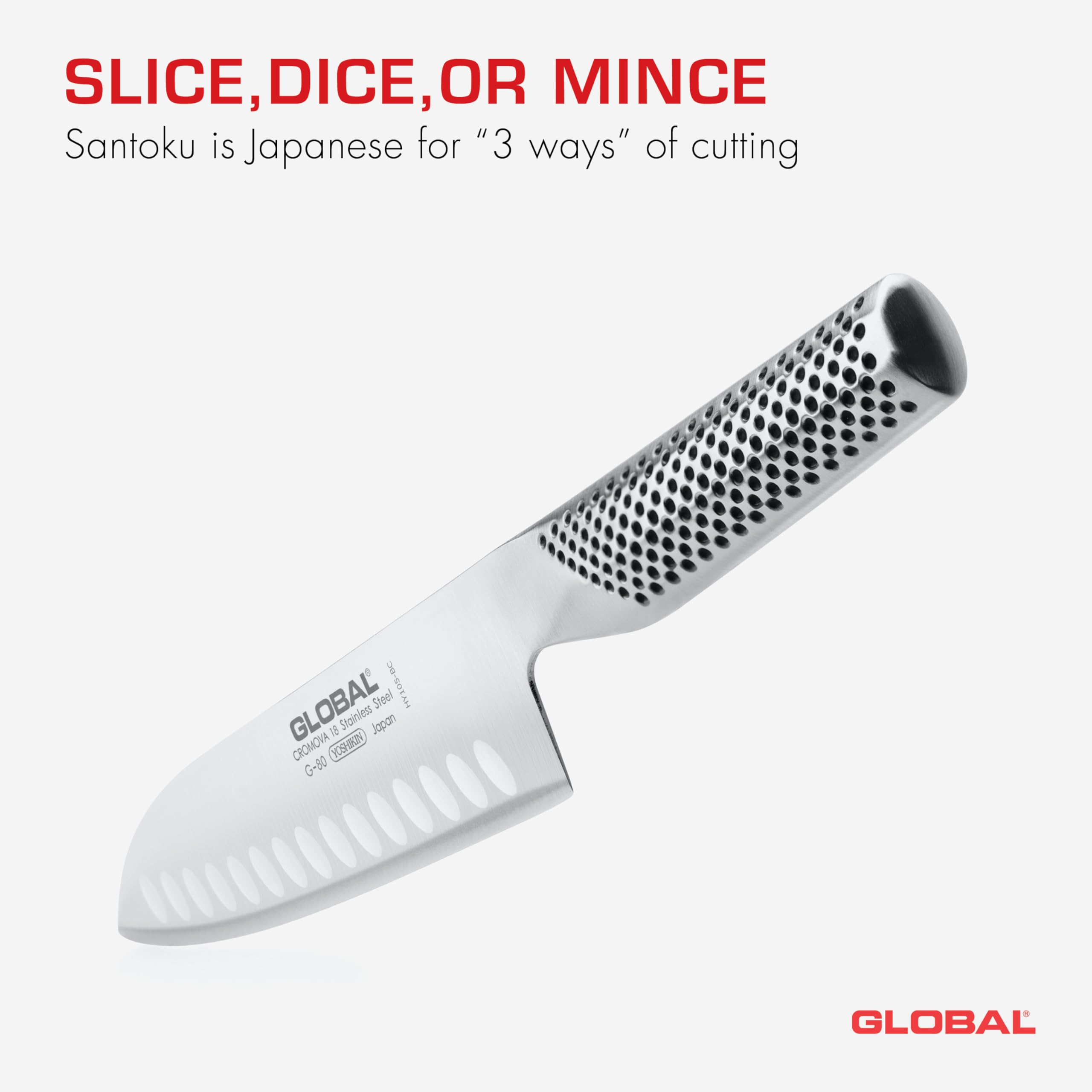 Global Santoku 7 pulgadas, ideal para cortar verduras, carnes y pescados