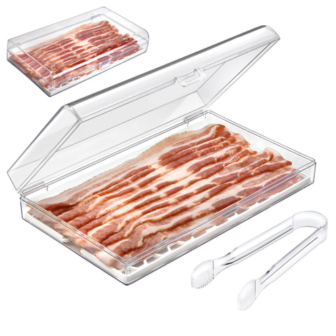 GlossyEnd Contenedor de tocino visto de frente para ver la frescura sin abrir.