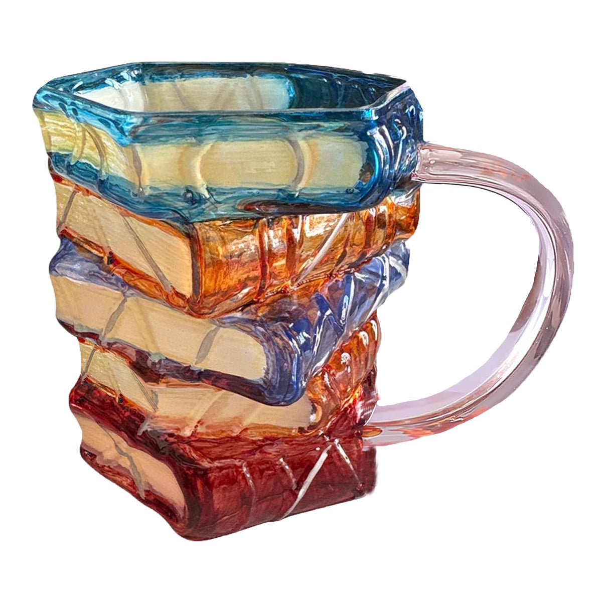 Taza Glowild con libros apilados, diseño único para leer y tomar café.