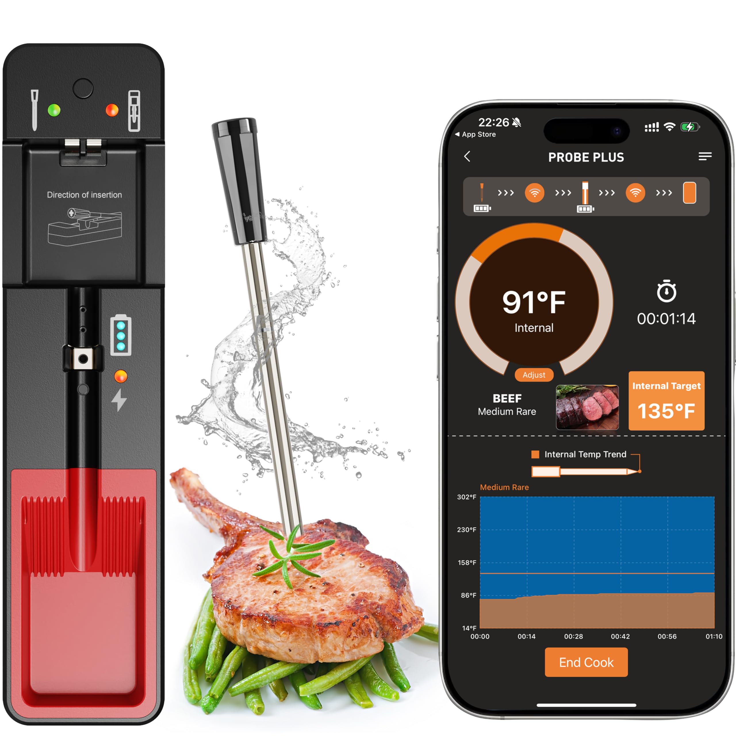 Glowivize termómetro Bluetooth inalámbrico para monitorizar comida a distancia y seguridad alimentaria.